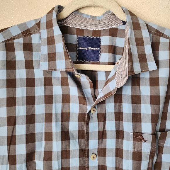 Tommy Bahama Brown Blue Buffalo Plaid Floral Button Down Casual Top Mens 2x - Picture 4 of 11